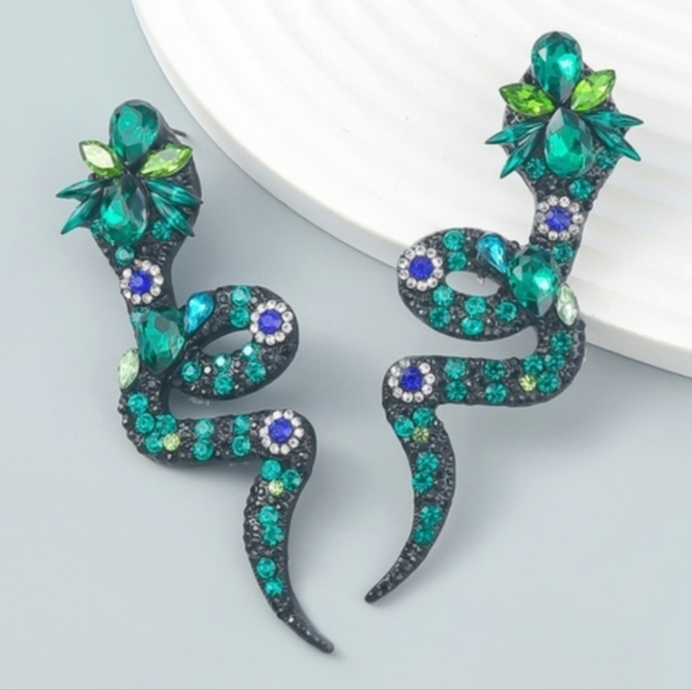 Colorful Rhinestone Snake Dangle Stud Earrings - Picture 5 of 7